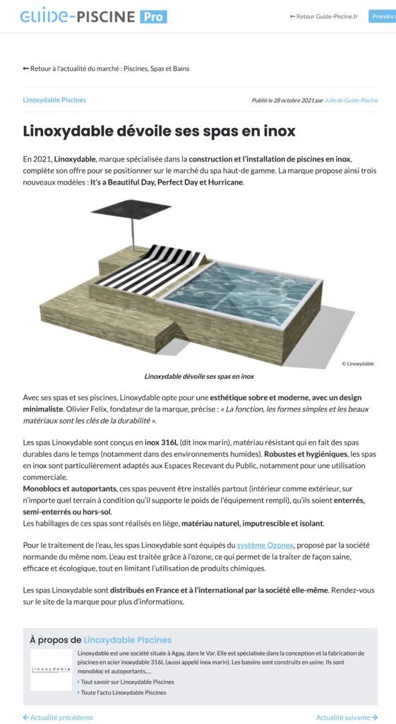 Nel 2021, Linoxydable, marchio specializzato nella costruzione e installazione di piscine in acciaio inossidabile, sta completando la sua offerta per posizionarsi nel mercato delle spa di fascia alta.